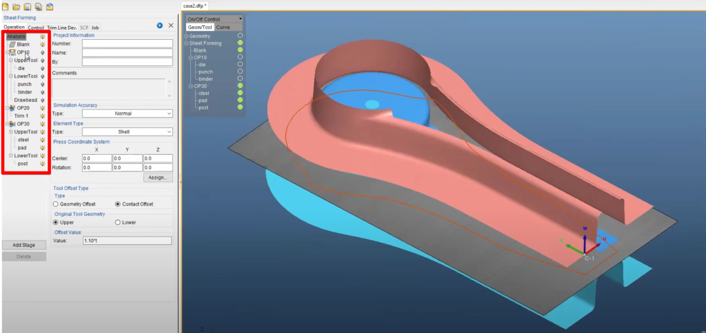 image of a three-stage trim line development simulation in dynaform