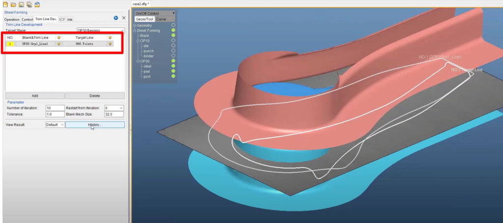 defining a trim line and target line in dynaform's configuration interface