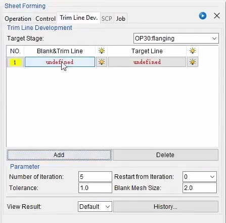 selecting outlines and target lines in the dynaform trim line development interface