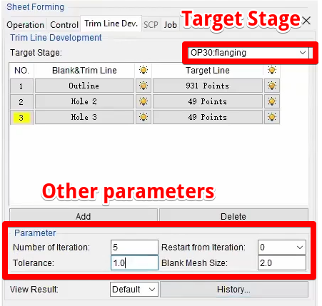 image of dynaform's trim line development configuration parameters