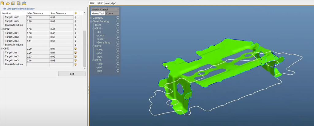 reaching convergence of an outline to a target line in the dynaform interface