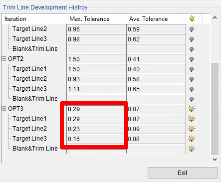 dynaform's interface for viewing tolerance values of a simulation iteration