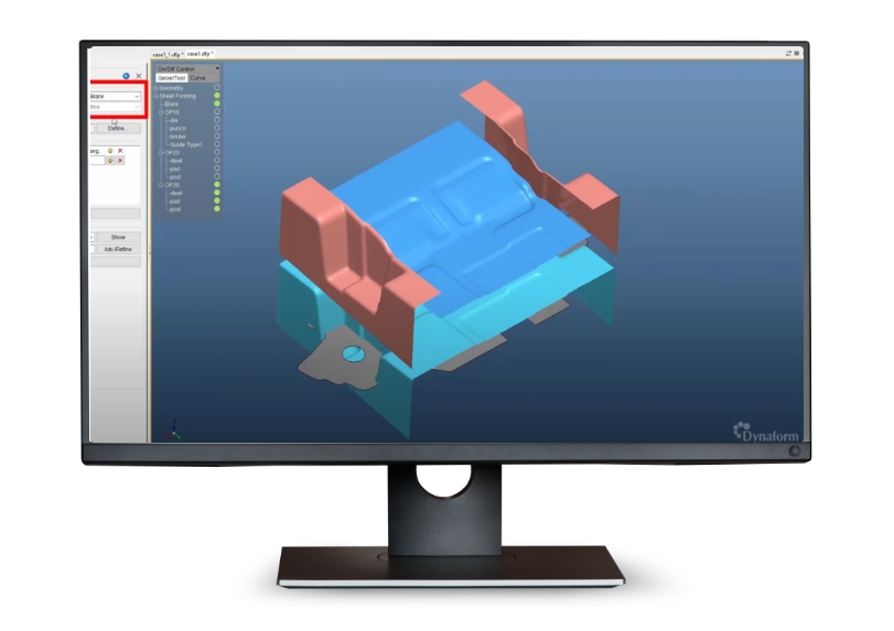 Dynaform software doing sheet metal stamping simulations displayed on a monitor 